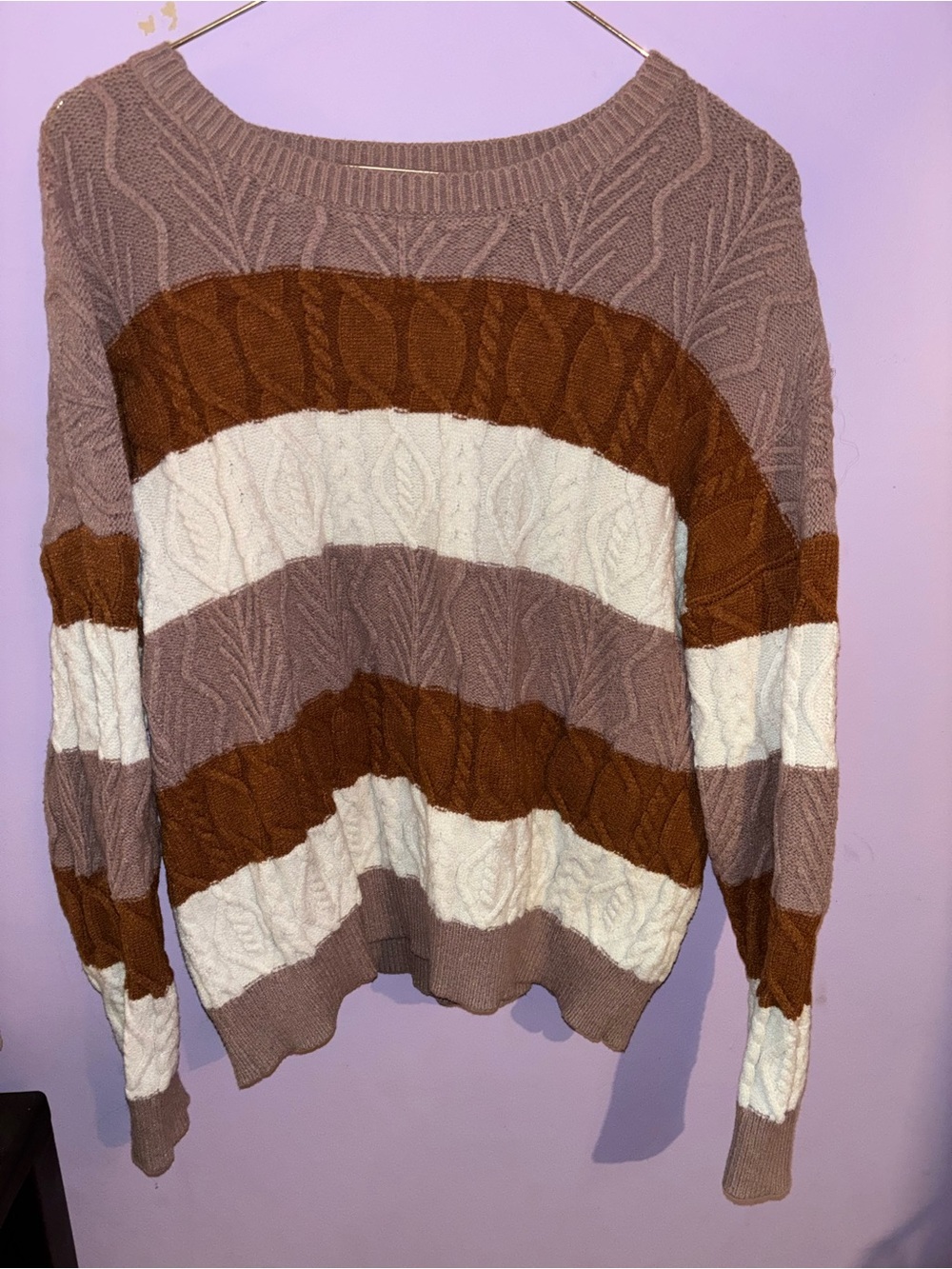Striped Cable-Knit Crewneck Sweater